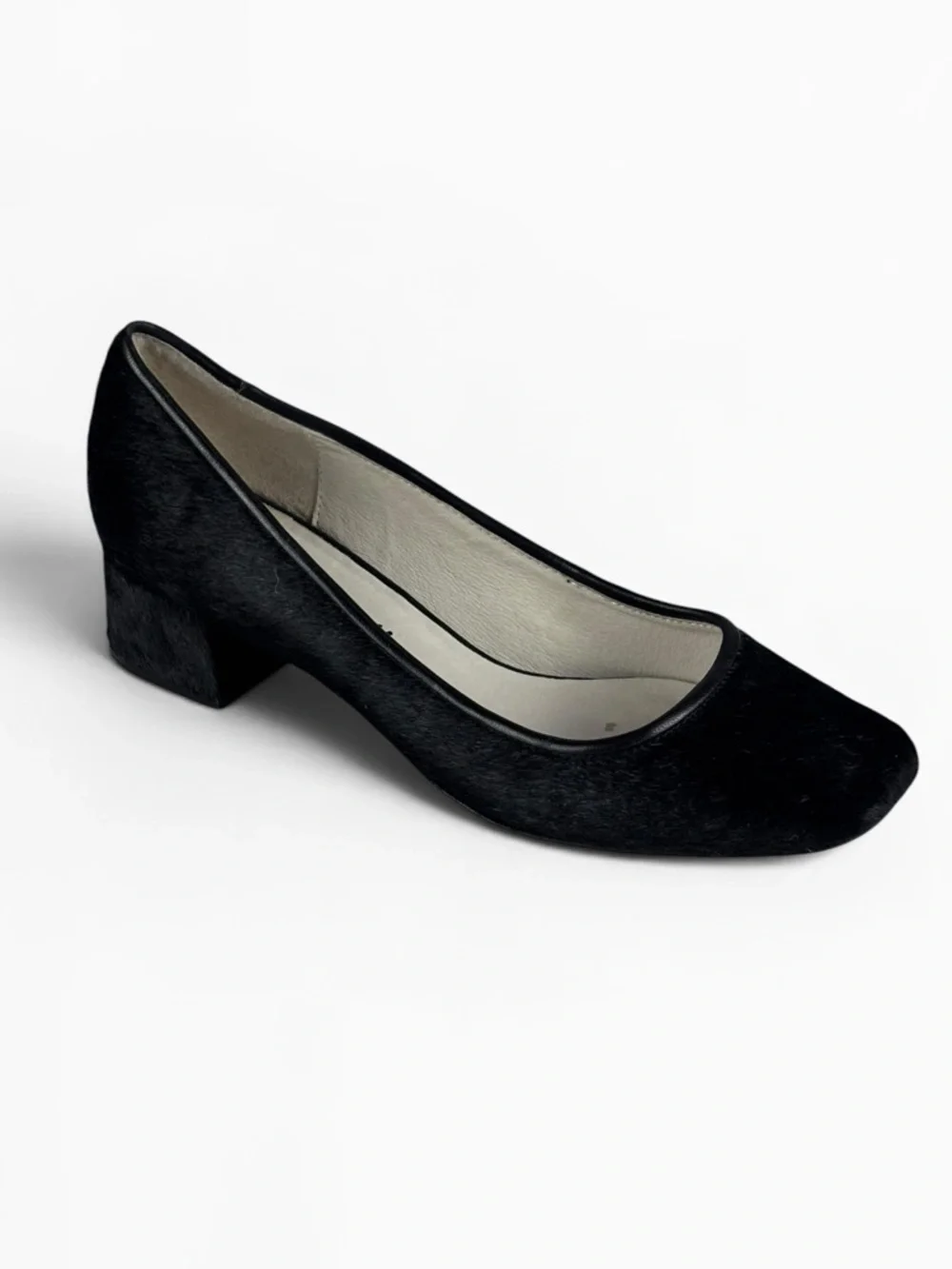BETTYE MULLER WARHOL BLACK CALF HAIR LEATHER SQUARE TOE PUMP HEELS