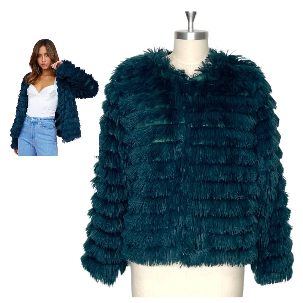 She + Sky Teal Faux Fur Fluffy Layered Jacket Size Medium NWOT