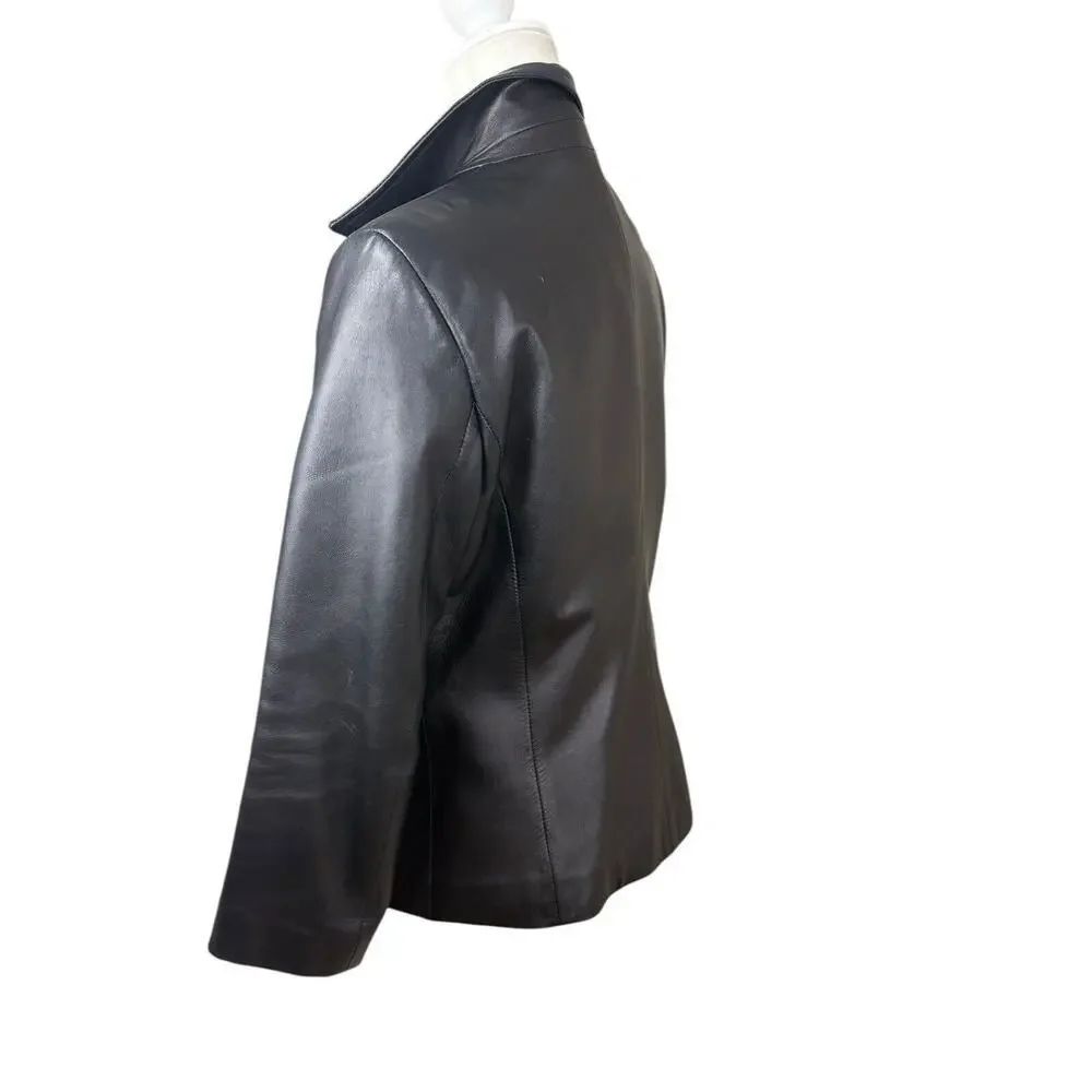 Vera Pelle Italian Leather Coat Womens Size M Black Smooth 70's Retro Matrix‎