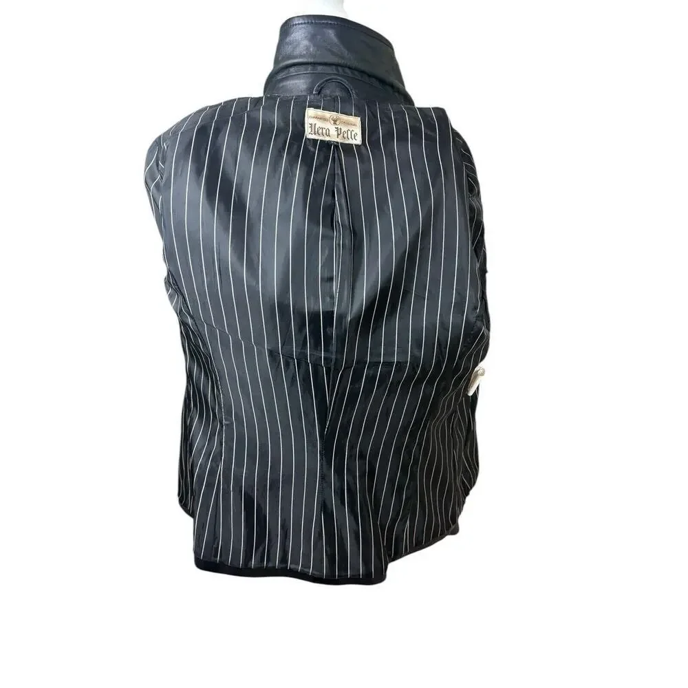 Vera Pelle Italian Leather Coat Womens Size M Black Smooth 70's Retro Matrix‎