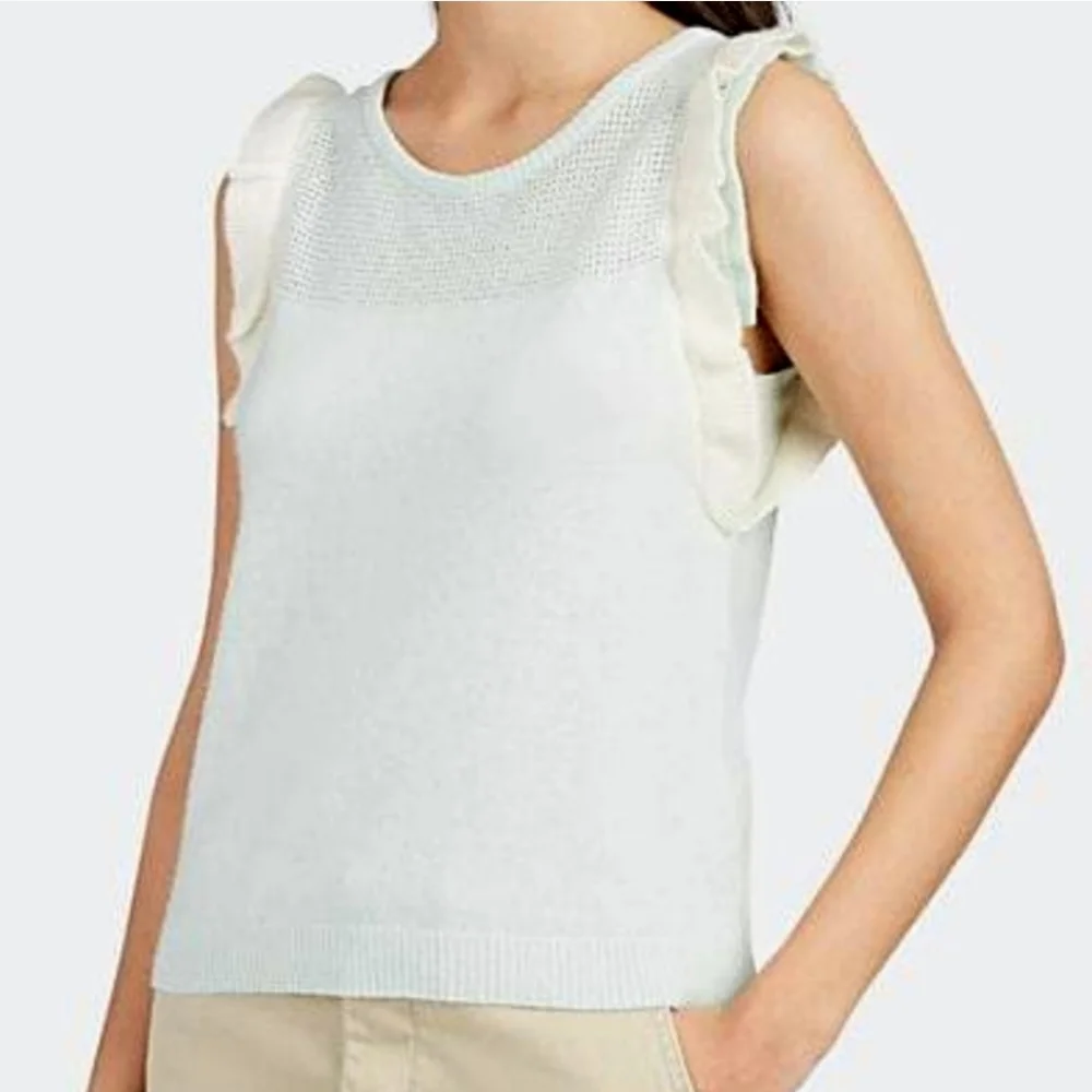 Leo & Sage Cashmere Sweater Tank Aqua Ruffle Shoulder‎