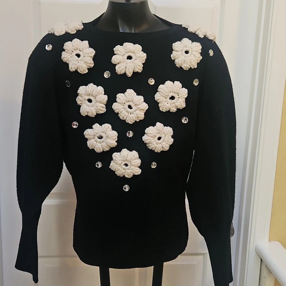 ANNE KLEIN Black Sweater with Cream 3D Flowers and Rhinestone Embellishments