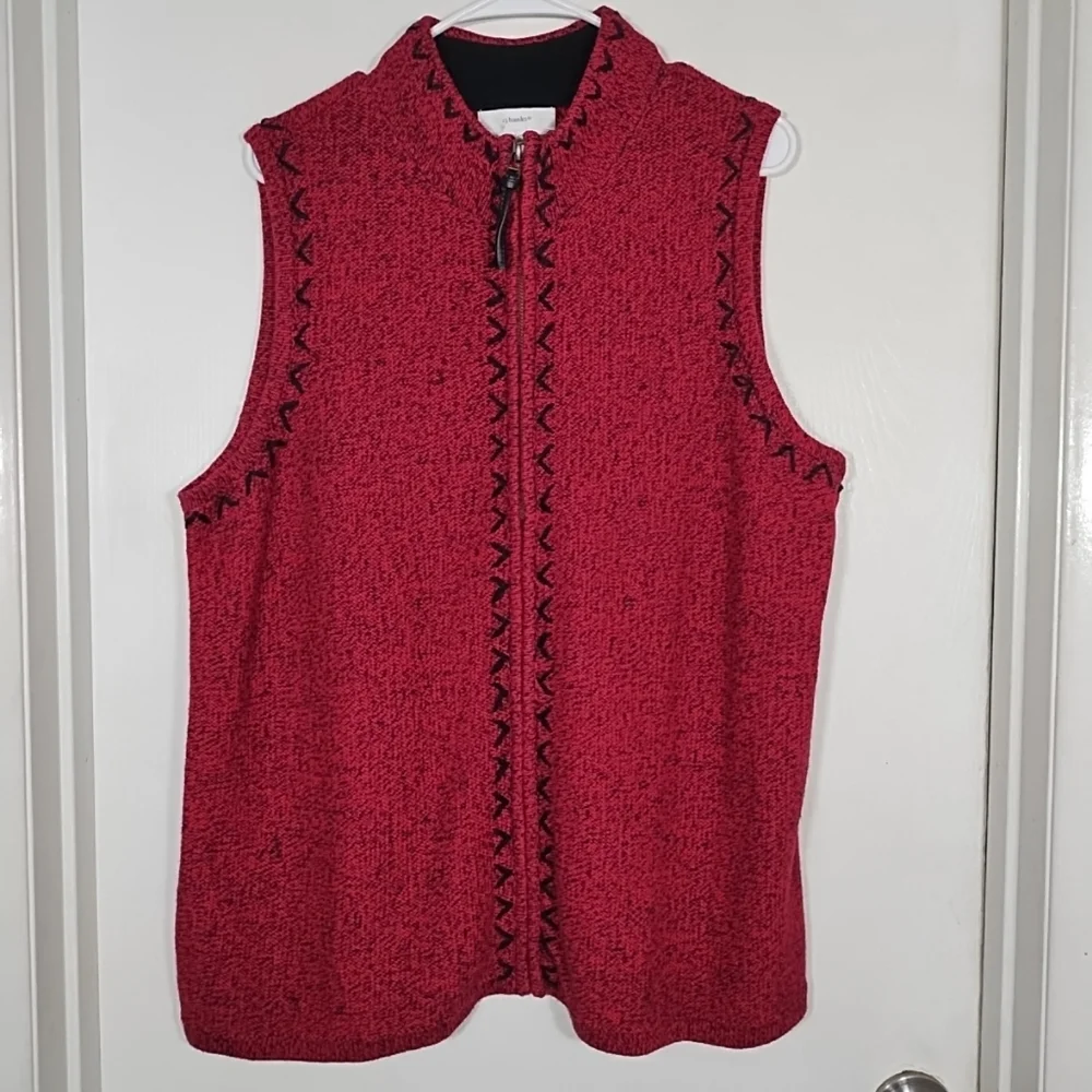 CJ Banks Ramie Knit Sweater Vest 1X  Red/Black Hand Embroidered Full Zip