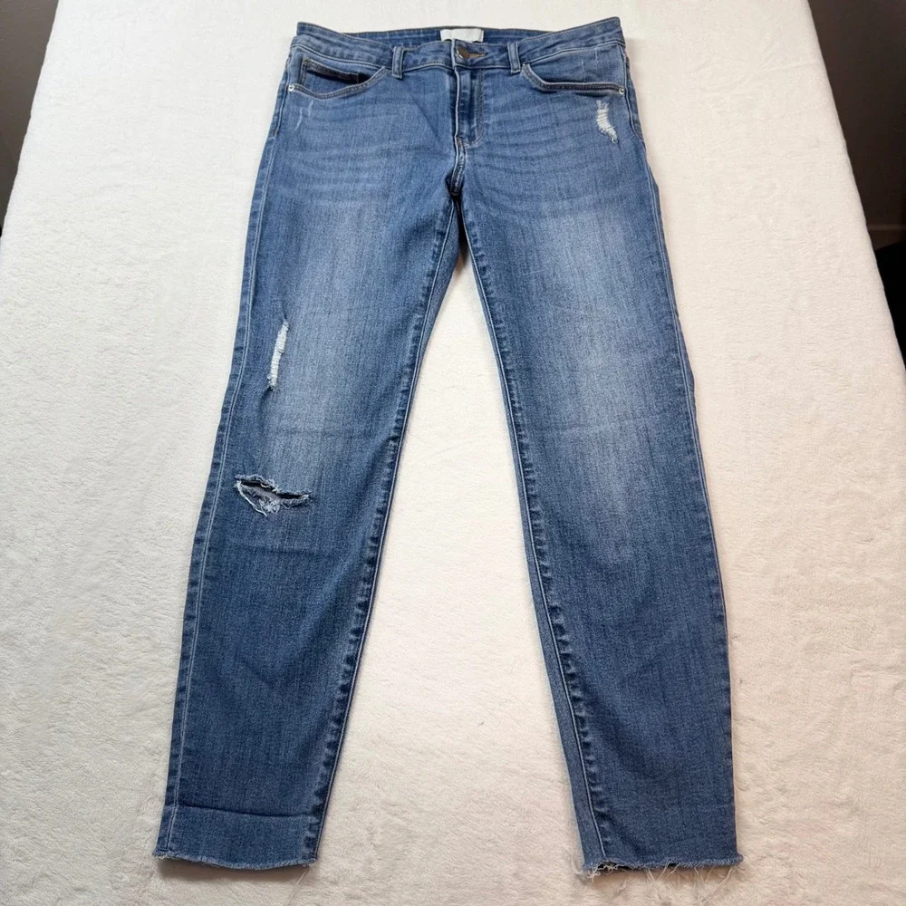 H&M Distressed Skinny Jeans Womens 8 Blue Good‎ Raw Hem Ripped Denim