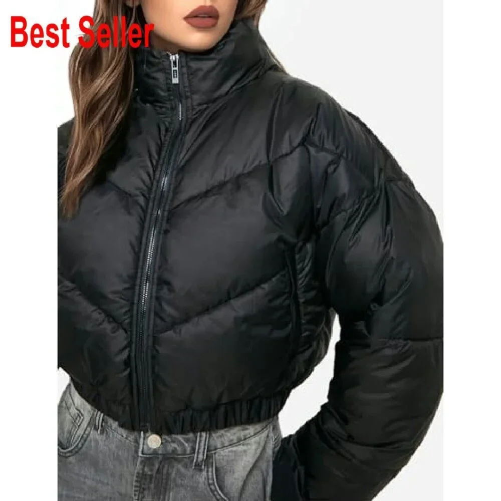 Cropped Puffer Jacket Quilted Lightweight Winter Warm Zip Up Stand Collar