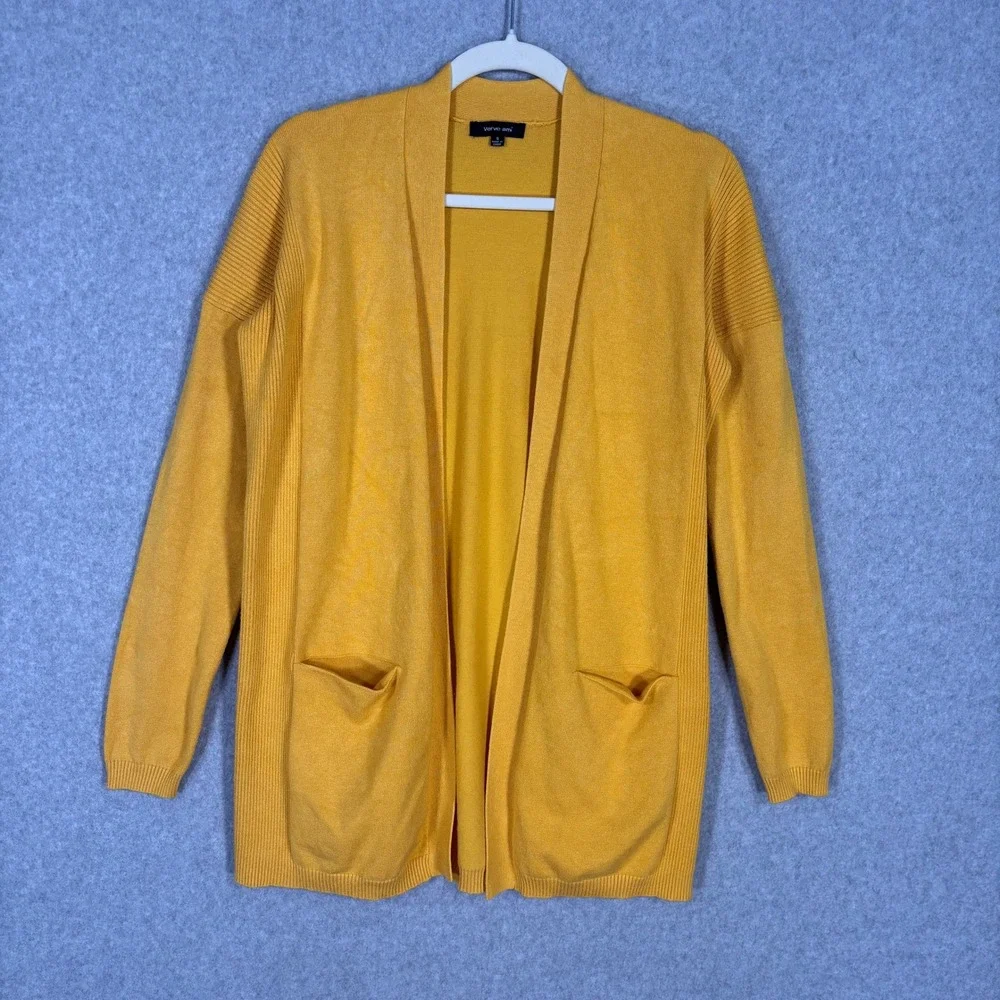 Verve Ami Cardigan‎ Sweater Small Mustard Open Pockets Lounge Comfy Soft Thin