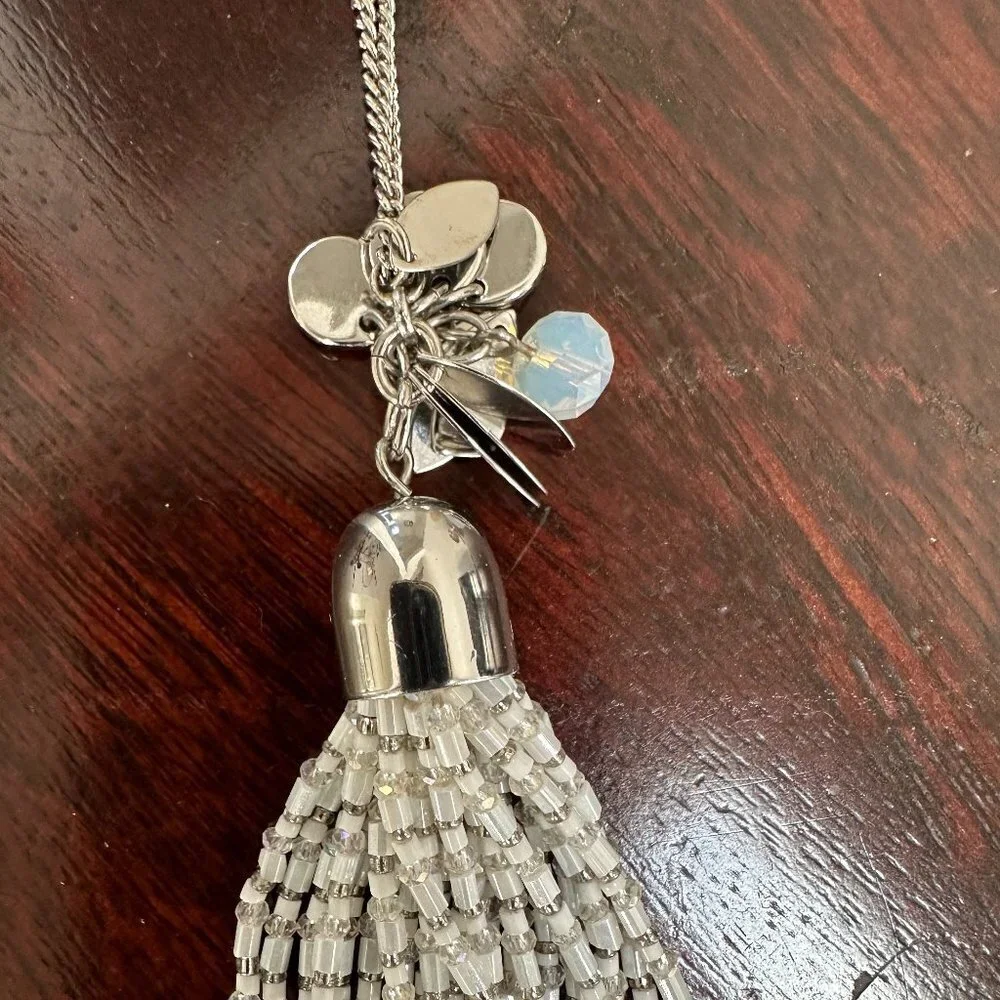 NWOT LOFT long tassel necklace w/ white colored beads, silver tone chain