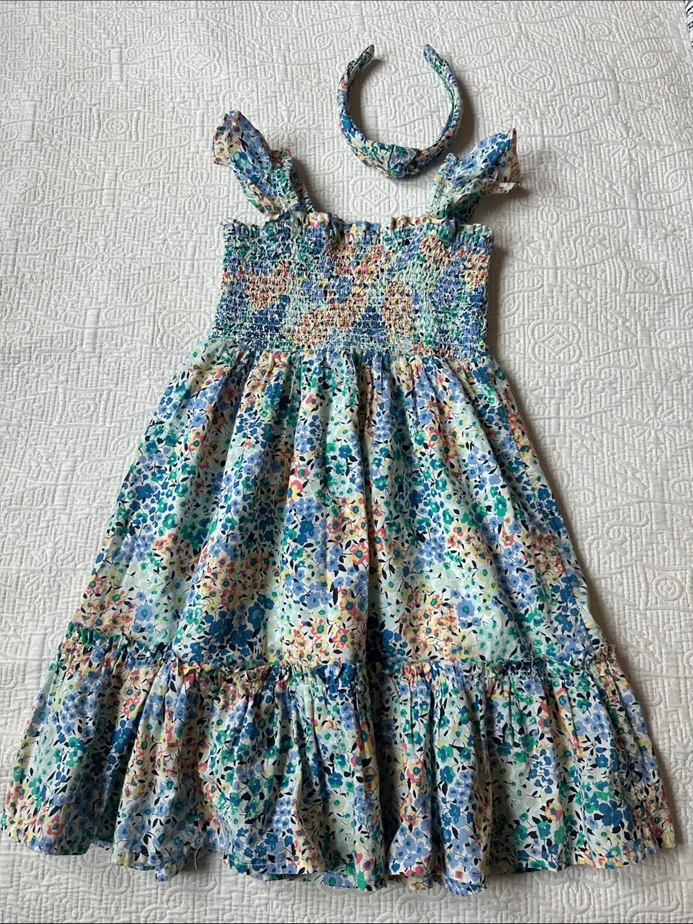 Crewcuts Blue Multi Floral Smocked Sundress with Headband