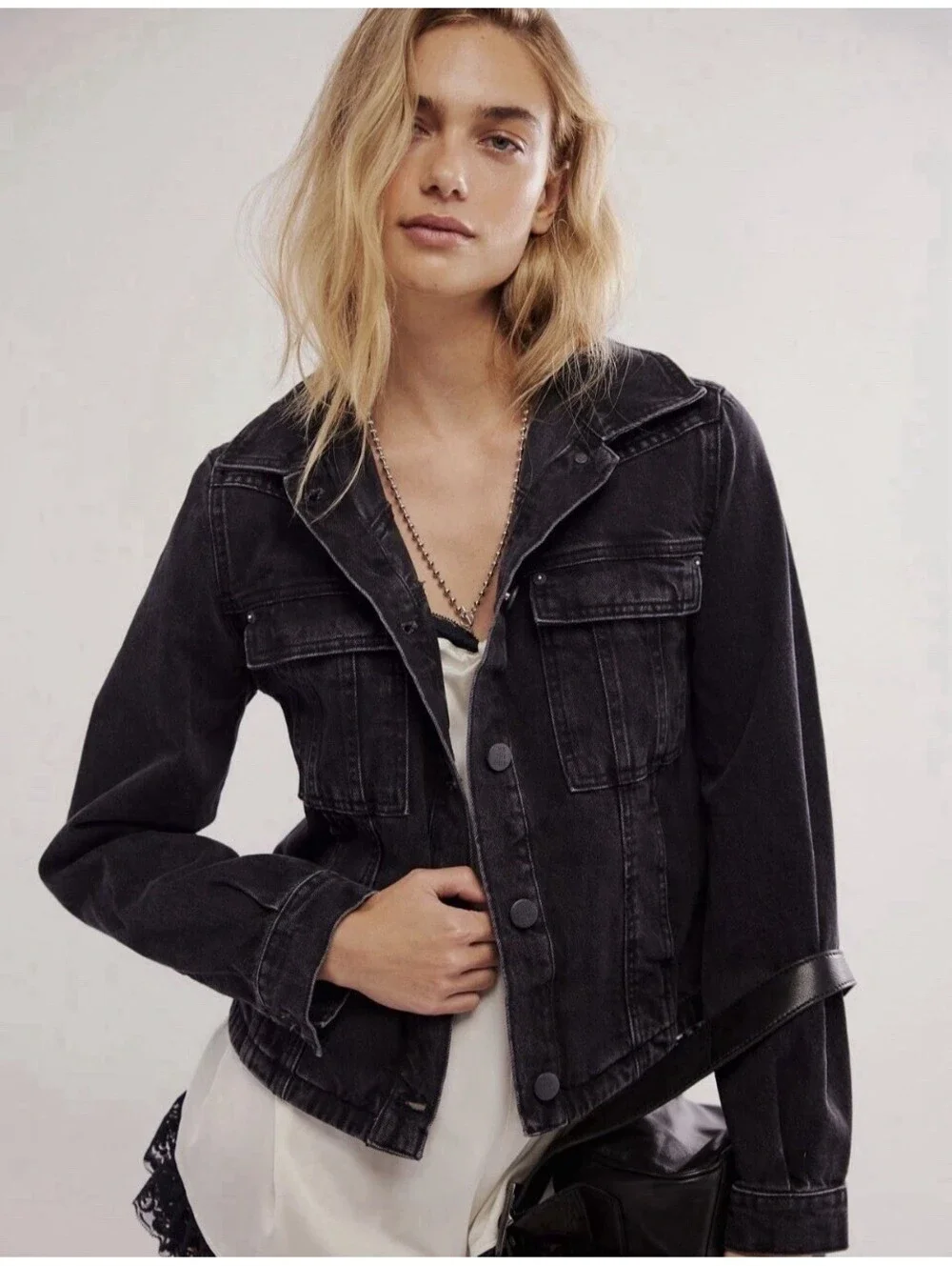 Free People We The Free Jade Denim Jacket Washed Black Cotton Trucker S