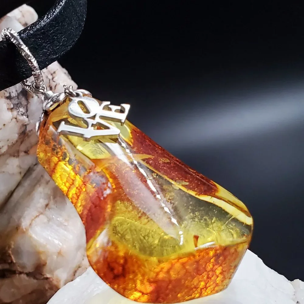 Amber Jewelry Genuine Amber LOVE Large Pendant Leather Necklace Designer Choker