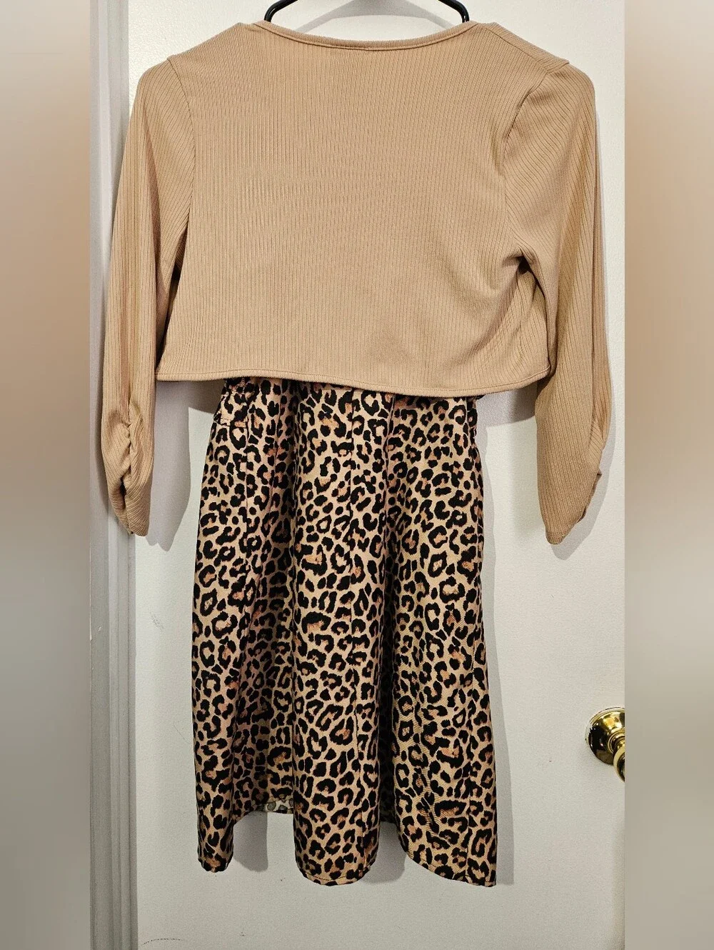 Lily Bleu Leopard Print Dress with Tan Cropped Tie-Front Cardigan 14
