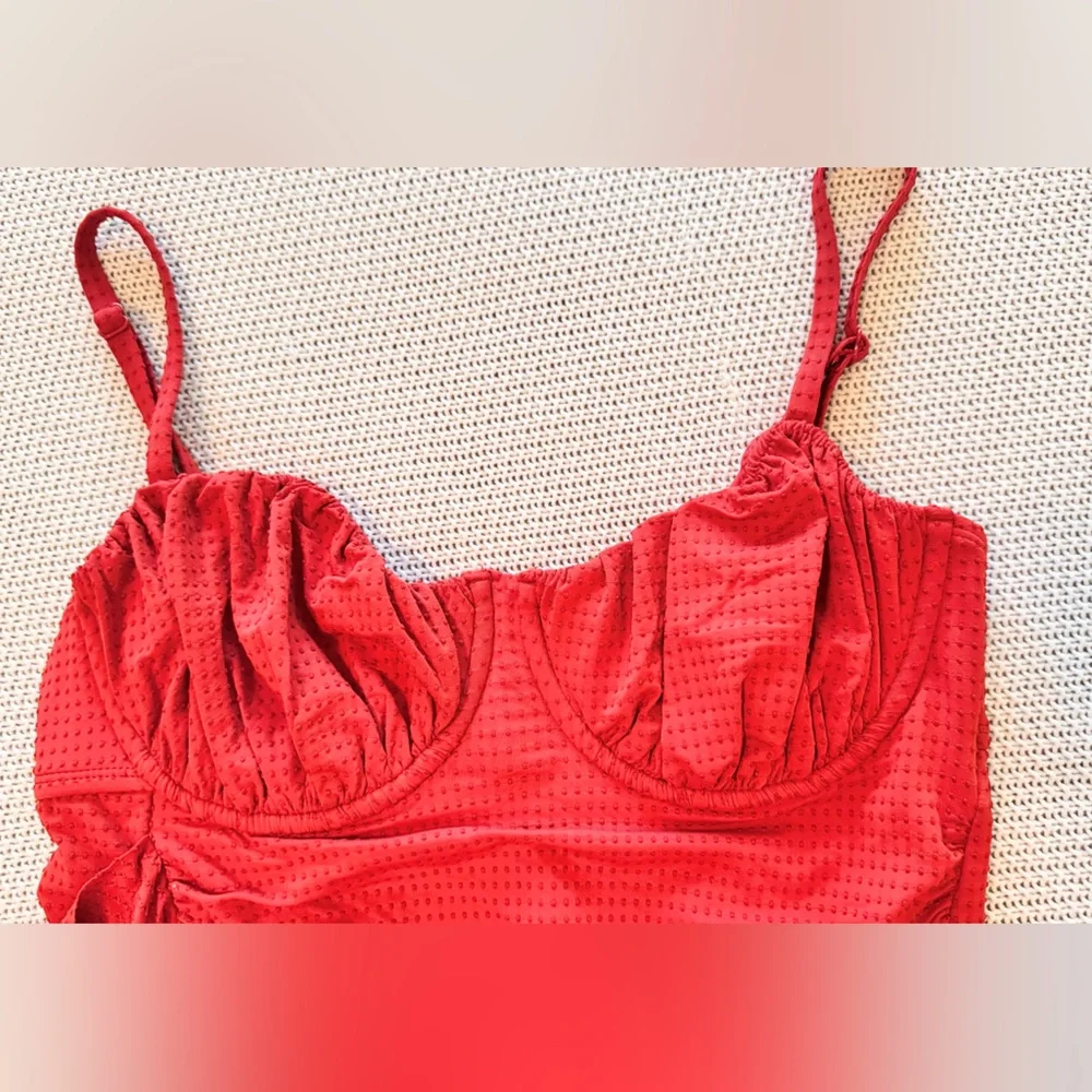 RHODE Ruched Tummy Embossed Dot Ruffle Red One Piece Swimsuit