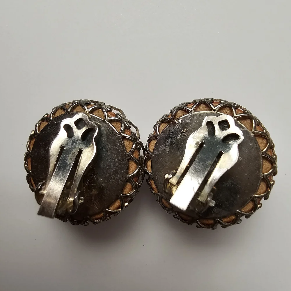 Vintage 1950s–1970s Large Dome Clip-On Earrings – Bold Orange-Brown Cabochons