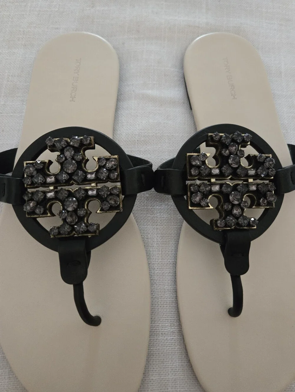 Tory Burch Black Jeweled Logo Soft Miller Sandals