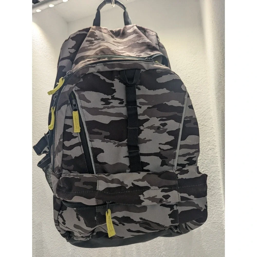 Lands' End Backpack Camo 3 Zip Large Pockets 2 Bottle Pockets Black Gray Yellow
