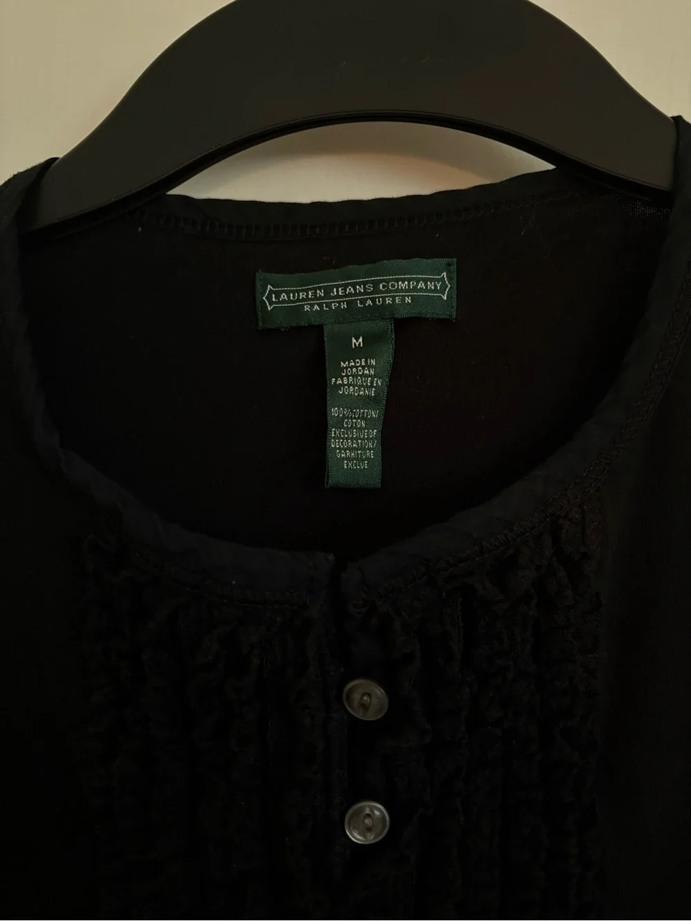Vintage Lauren Ralph Lauren Black Short-Sleeve Ruffle-Pleat Button Top