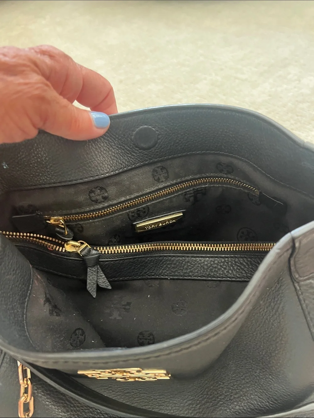 Tory Burch Black Leather Tote with Gold Logo & Chain Straps