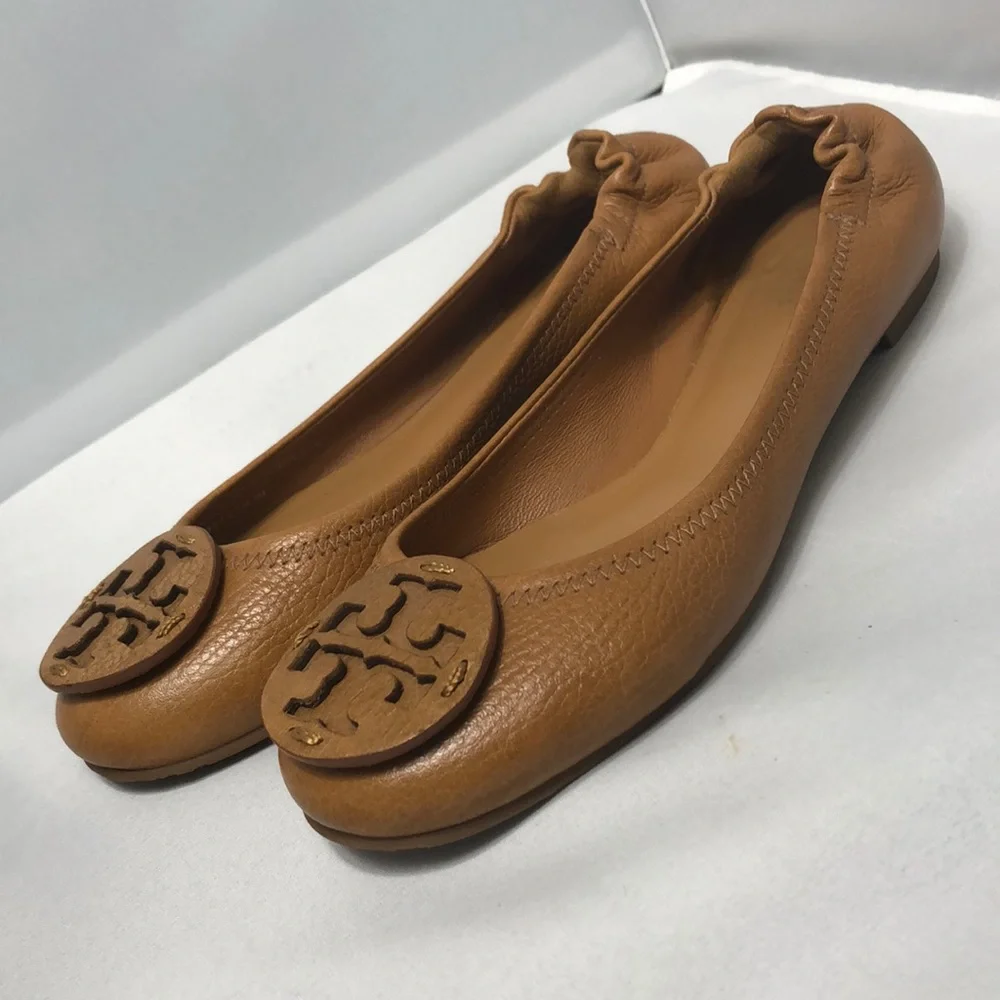 Tory Burch Tan Leather Logo Ballet Flats