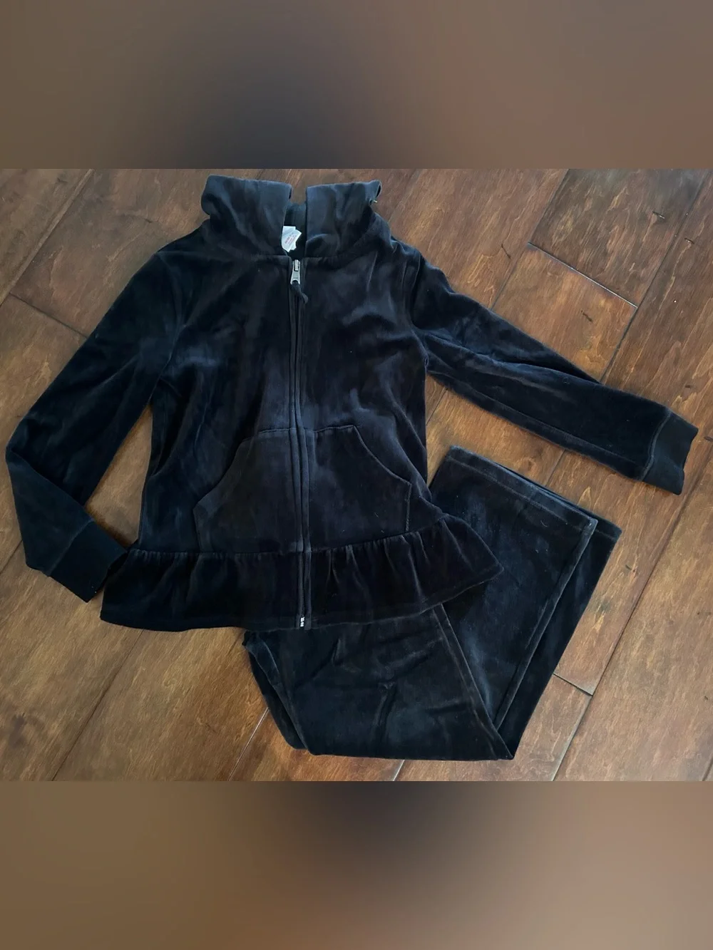 Size 6-8 Little girls Black velour pant and zipper top set with a black shirt