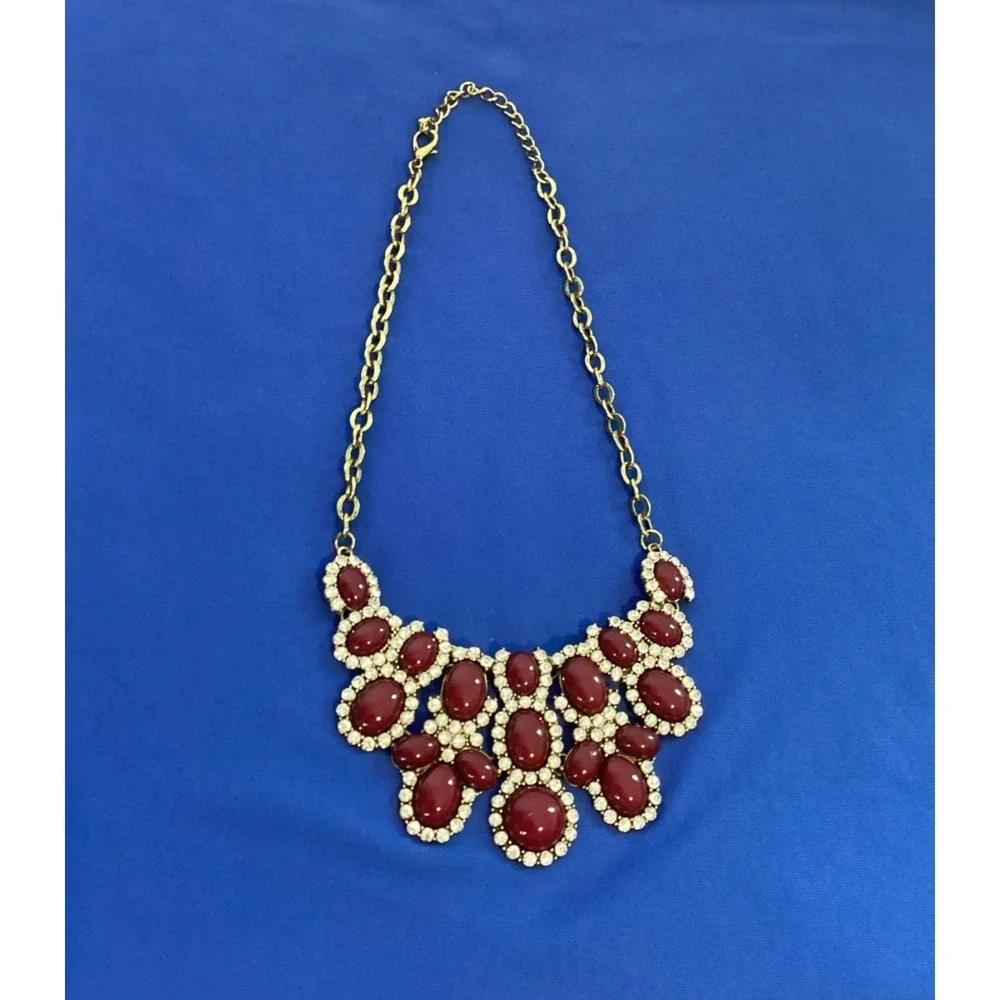 Vintage Burgundy Red Stone Diamonds Statement Necklace Costume Bling Glam Gold