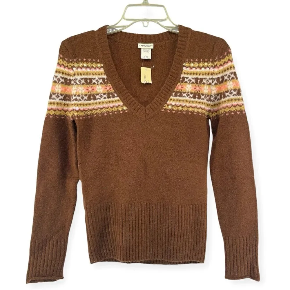 Cherokee Girl’s Brown Sequin Fair Isle V-Neck Pullover Sweater Large 8/10