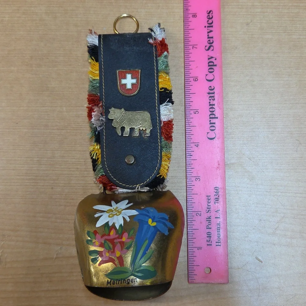 Vintage Swiss Cow Bell W Enamel Shield Emblem Brass‎ Cow Switzerland