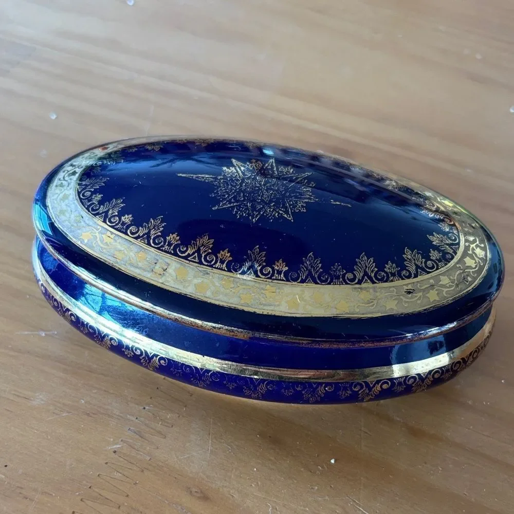 Limoges Porcelain Deep Blue and Gold Oval Trinket Box With Lid
