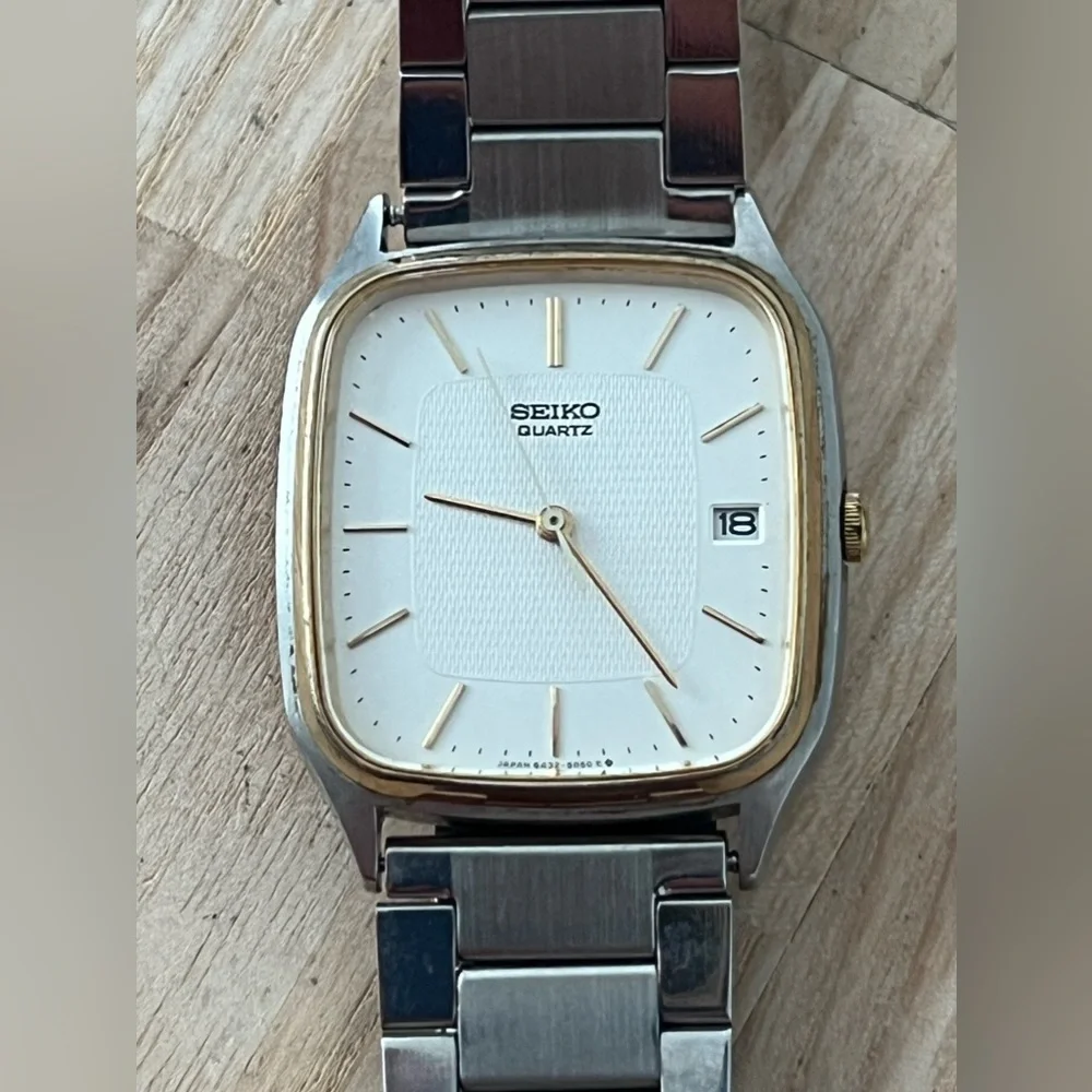 Seiko Gold Plated Rare Vintage Dress Watch White Dial Stainless Bracelet Date