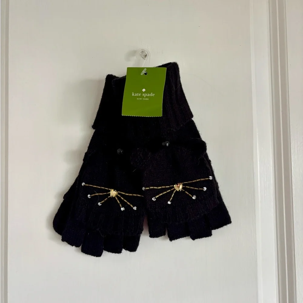 NWT Kate Spade New York Black Embellished Knit Mittens | Designer Winter Gloves
