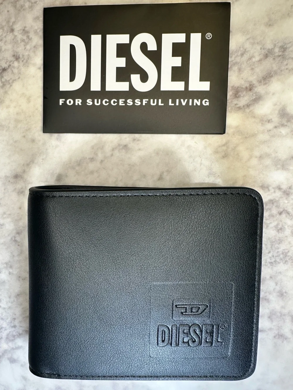 Diesel Black Leather Compact Wallet with Embossed Logo