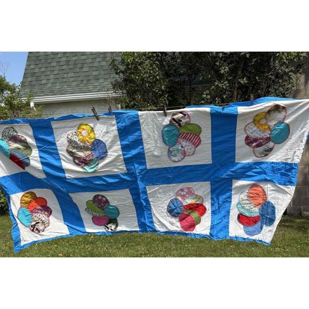 Vintage Dresden Plate Cutter Lap Quilt Floral Patchwork Blue Projects 34