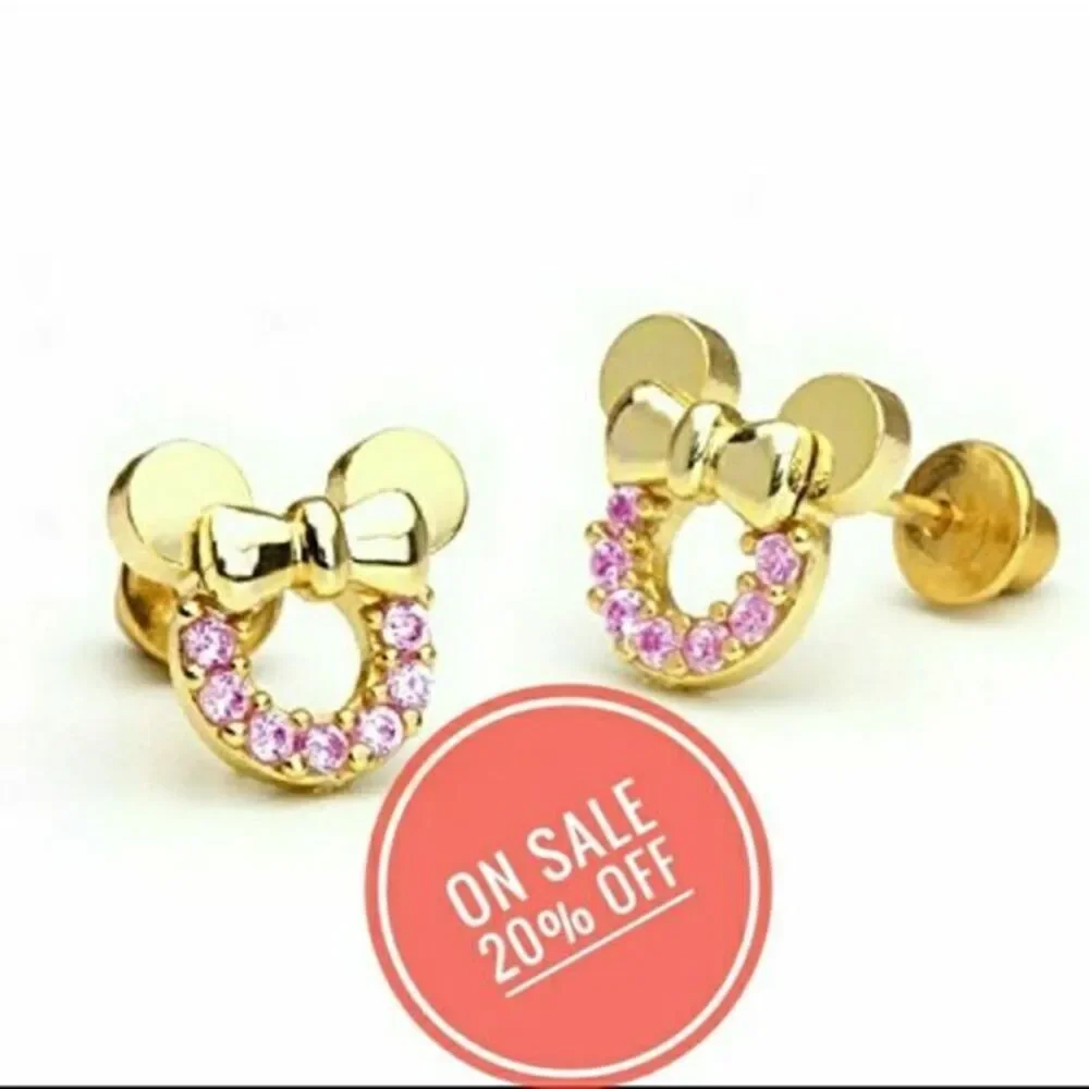 New Kids Girls Earrings gold plated CZ Pink Mouse.