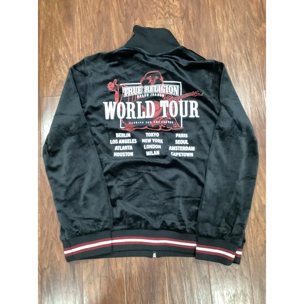 True Religion  Velour Tour Track Jacket Jet Black Size L Full Zip $139 Value