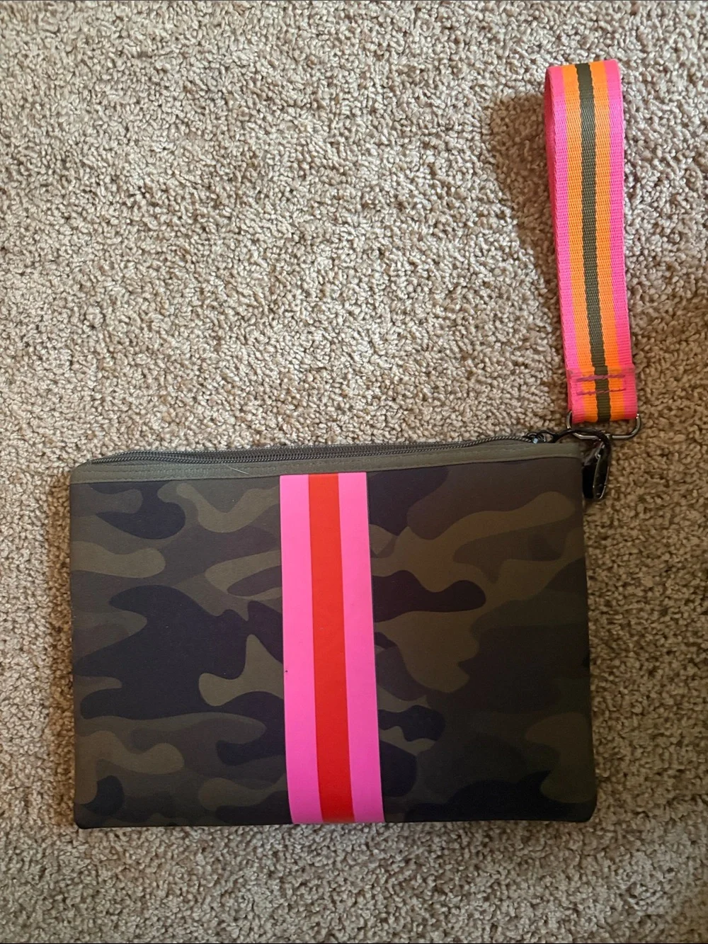 Haute Shore Camo Wristlet Pouch with Pink & Red Contrasting Stripe