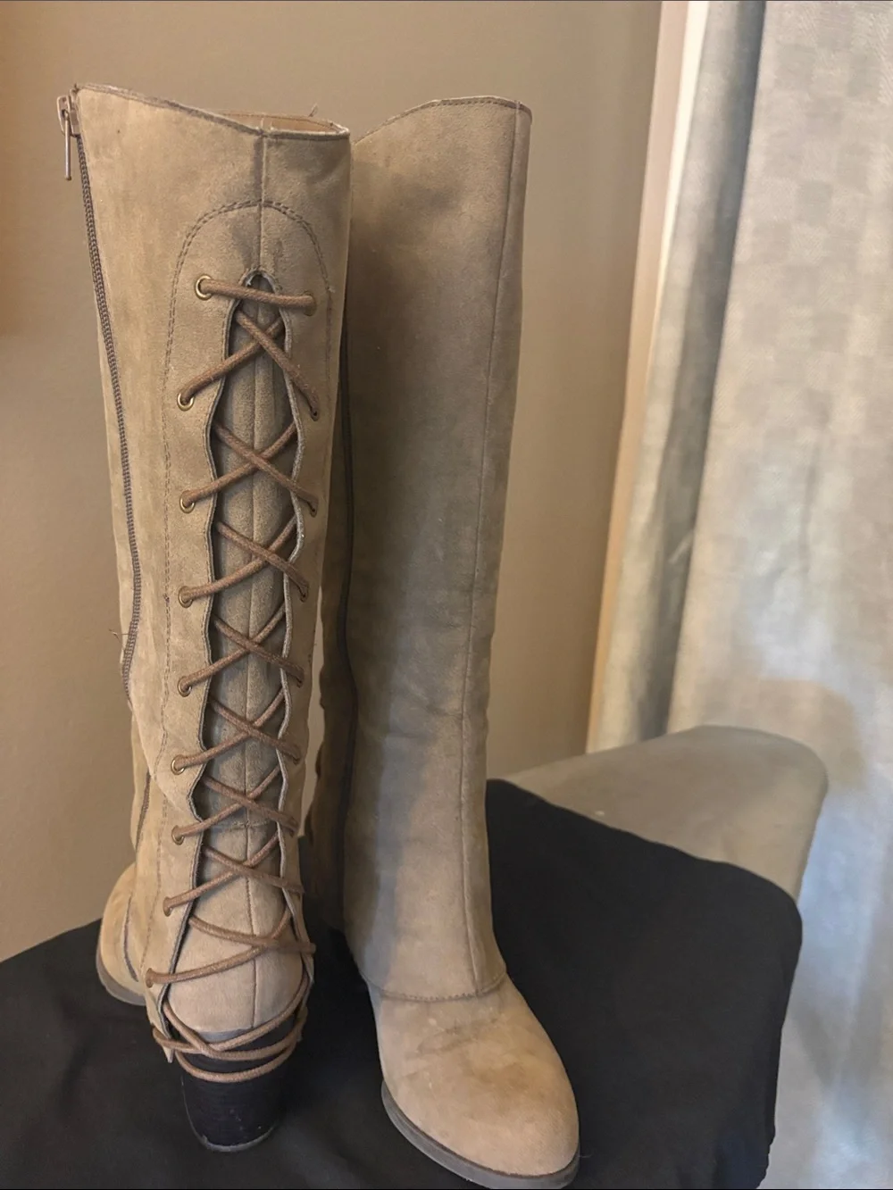 Fergalicious Lace-Up Over-the-Knee Boots in Taupe
