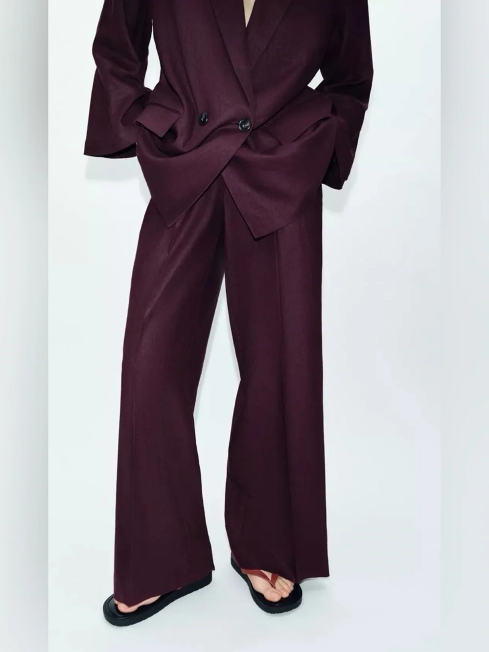 Zara NWT Linen Straight Leg Pants Burgundy Wide Leg Relaxed Tailored Trousers