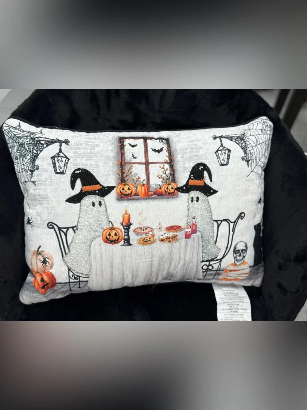 Halloween Ghosts & Pumpkins Decorative Pillow - White, Orange, Black
