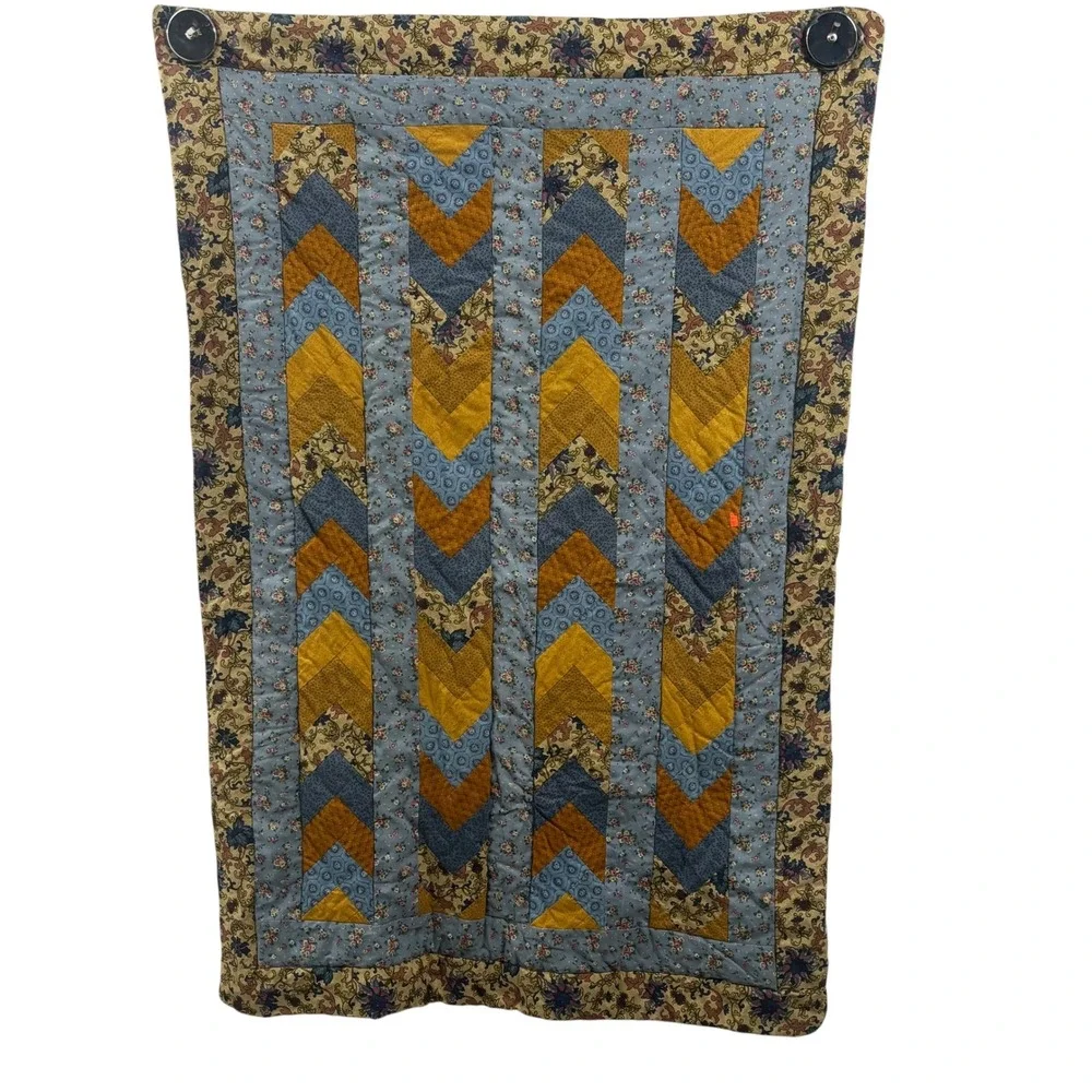 Handmade Chevron Quilted Wall Hanging Floral Patchwork Mustard Blue 33x48