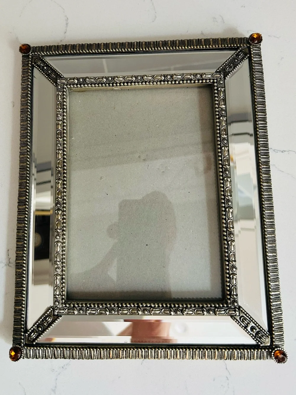 Ornate Silver Mirrored Photo Frame with Amber Crystal Accents