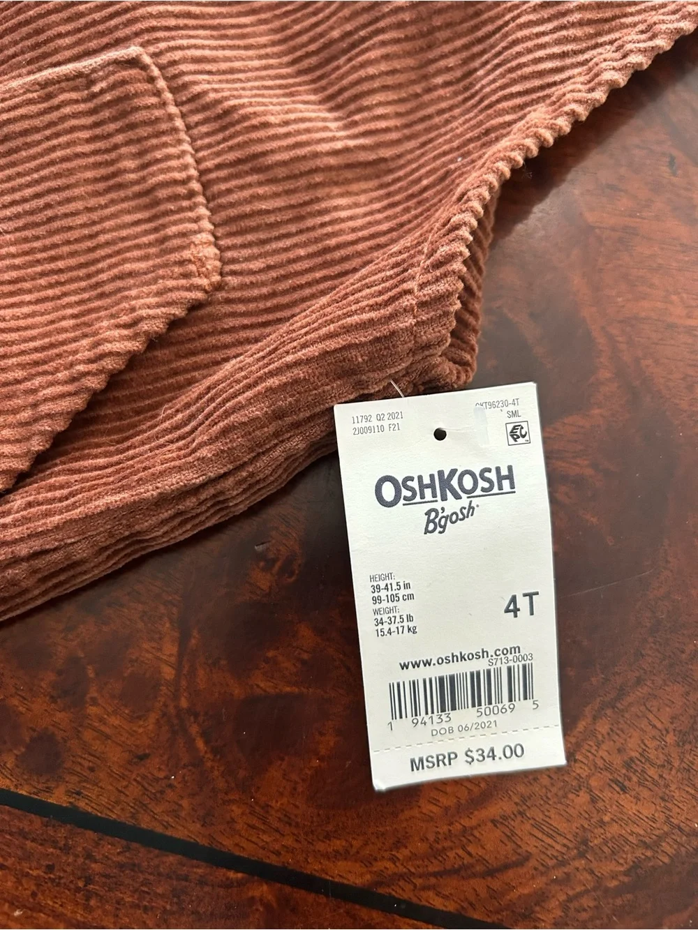 NWT Oshkosh B’gosh Girls Jumper Overall Dress Brown Corduroy Cottage Core 4T
