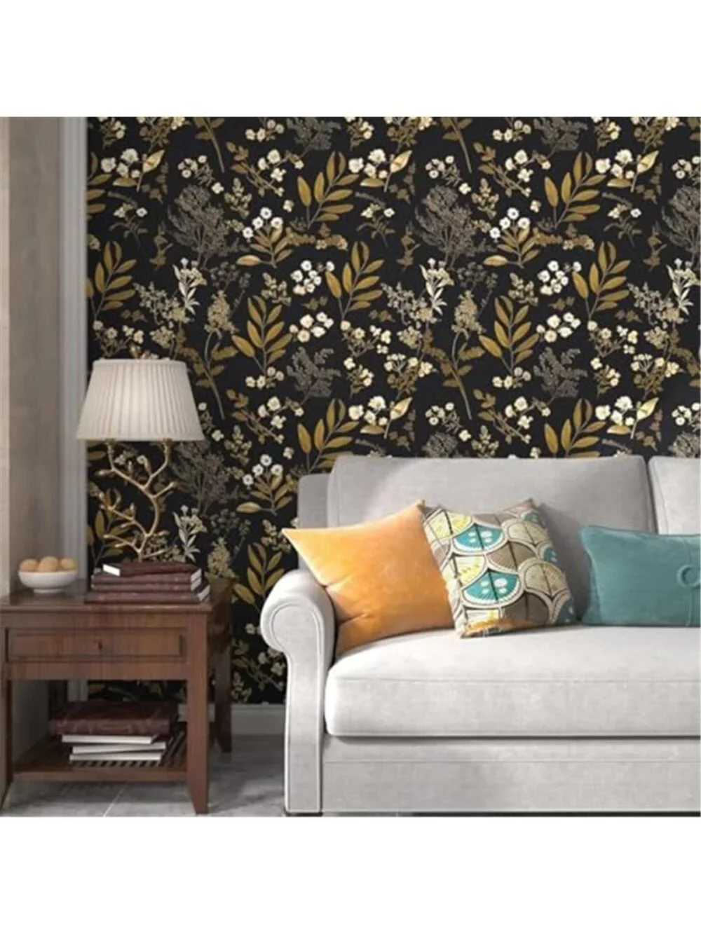 Vintage Floral Peel and Stick Wallpaper 17.5'' x 78.7'', Black Gold