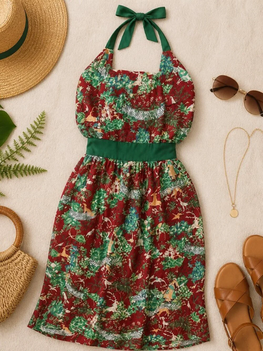 Vintage Christmas Hostess Apron Dress – Full Length Halter 100% Cotton