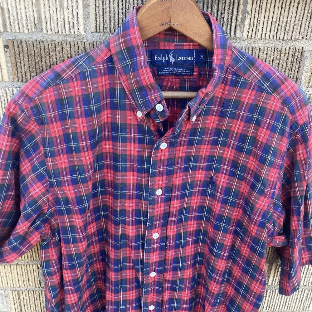 Ralph Lauren Men's‎ Medium MADRAS Short Sleeve Button Down HAND WOVEN Fall Plaid