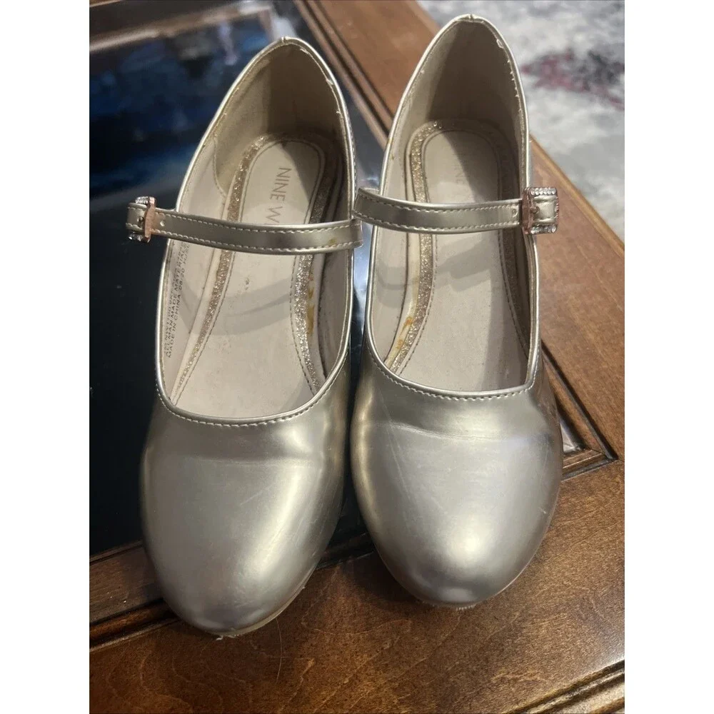 Nine West Mary Jane Heels Kids Size 13 Champagne Gold Glitter Buckle Dress Shoes
