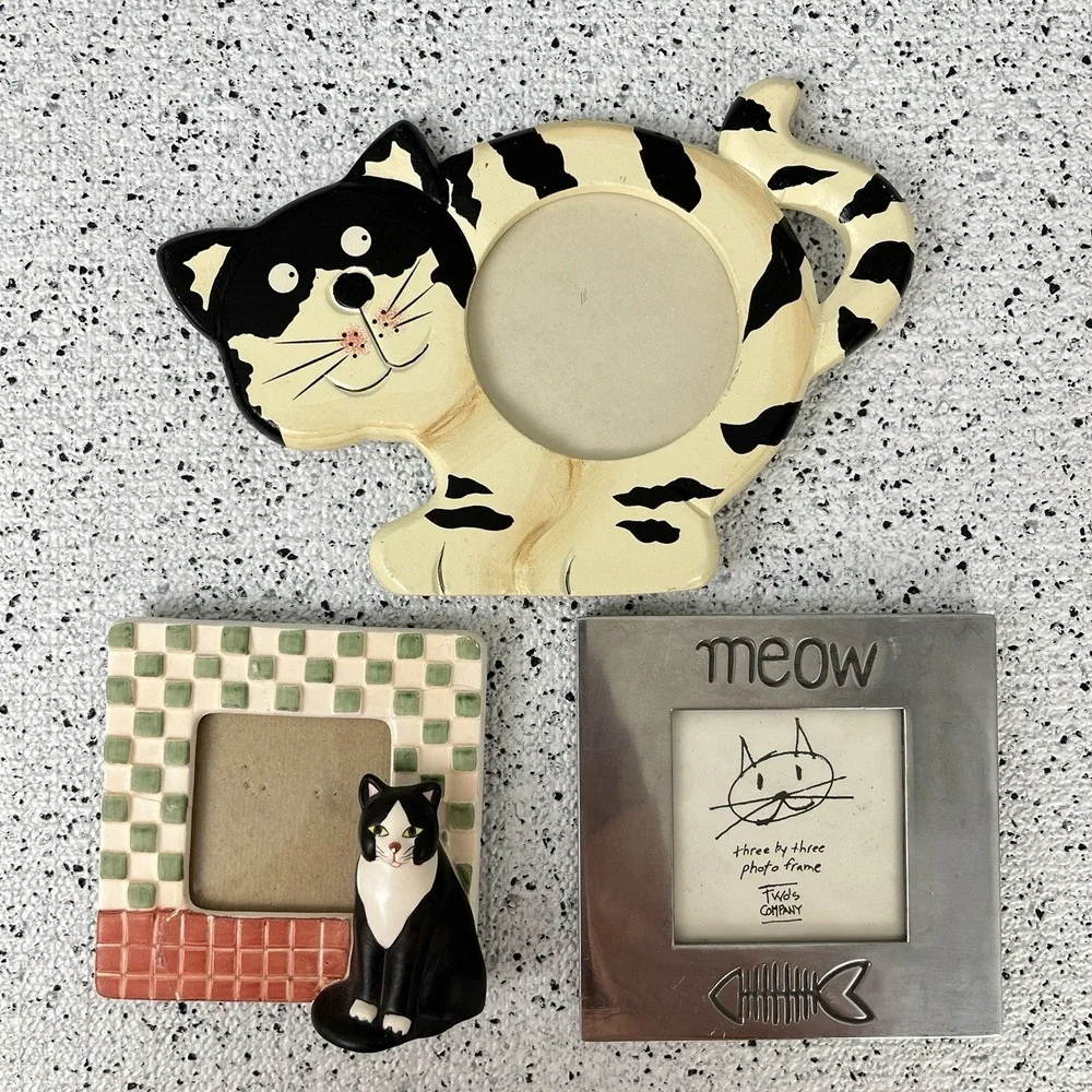 Lot of 3 Vintage Cat Miniature Photo Picture Frames Ceramic Wood‎ Metal