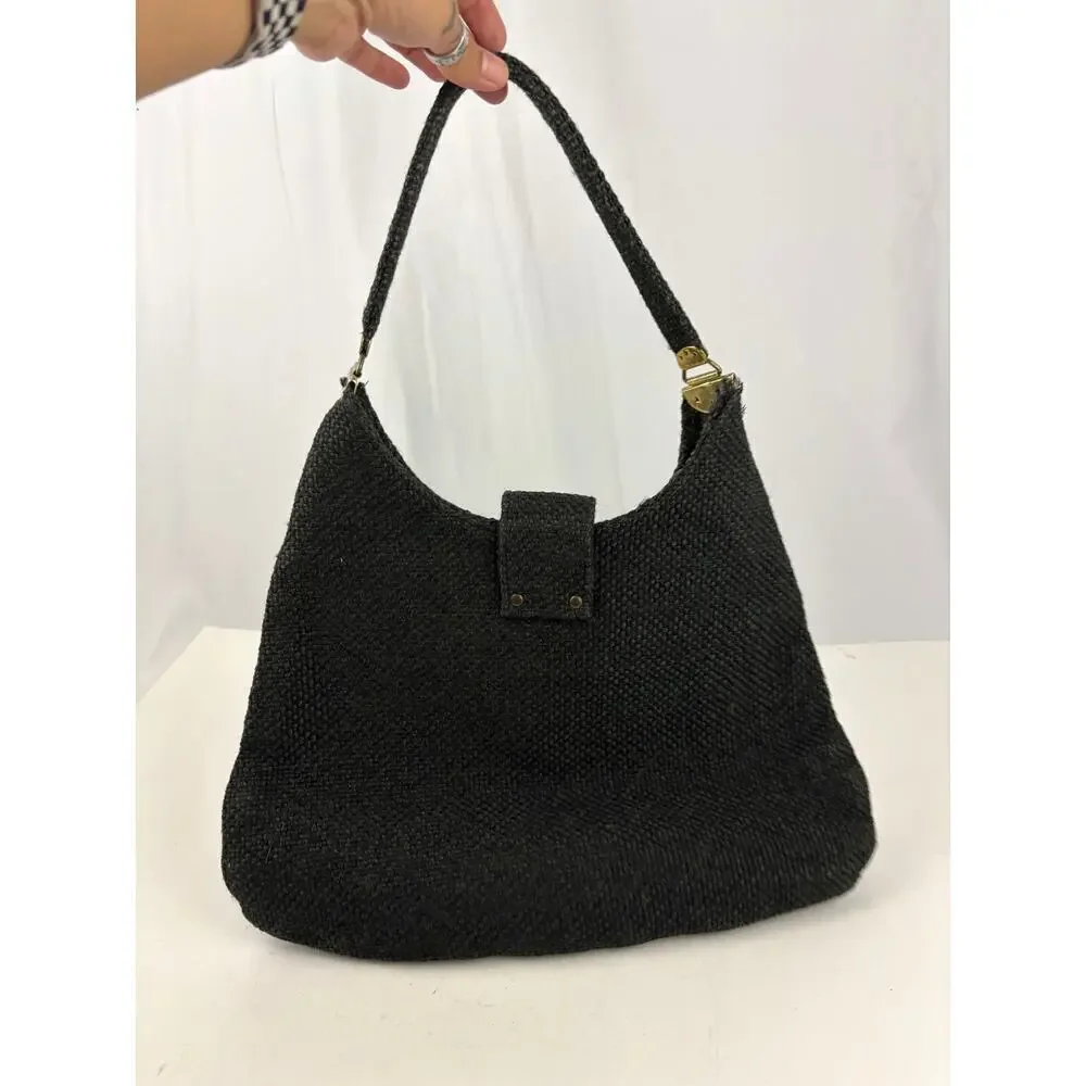 VTG 1970s Charcoal Black Tweed Hobo Bag Gold Hardware‎ Unique