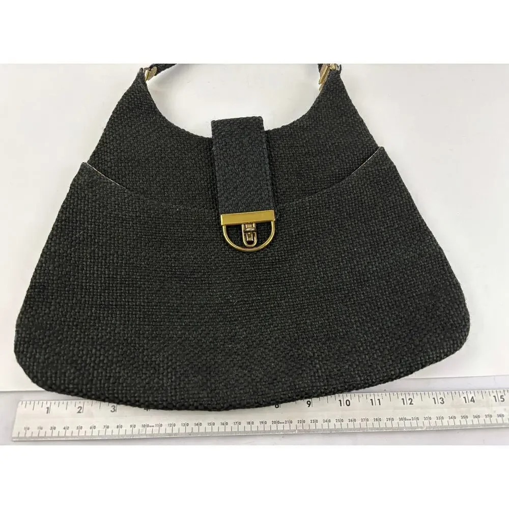 VTG 1970s Charcoal Black Tweed Hobo Bag Gold Hardware‎ Unique
