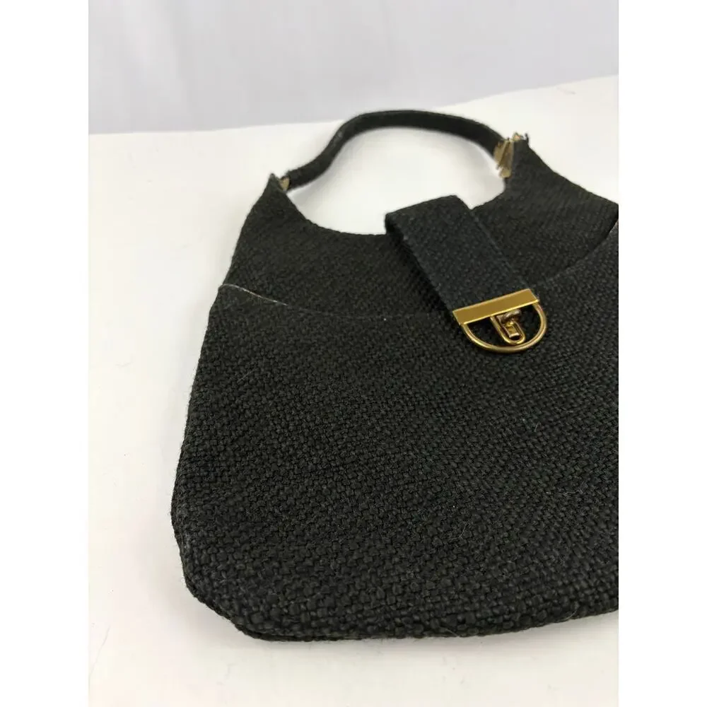 VTG 1970s Charcoal Black Tweed Hobo Bag Gold Hardware‎ Unique
