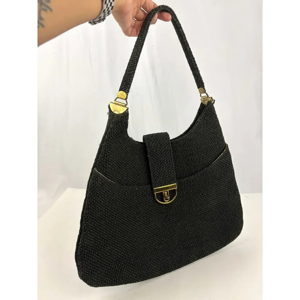 VTG 1970s Charcoal Black Tweed Hobo Bag Gold Hardware‎ Unique