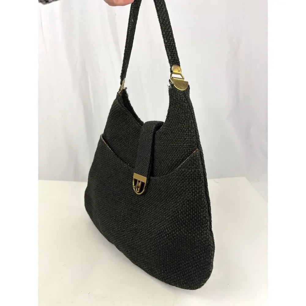 VTG 1970s Charcoal Black Tweed Hobo Bag Gold Hardware‎ Unique